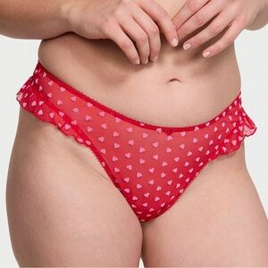 ❤️VICTORIA’S SECRET Tease Mesh Ruffle Trim High Leg Thong Red Pink Hearts MEDIUM
